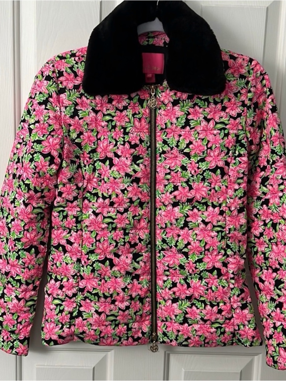 Lilly Pulitzer Pink Floral Quilted Jacket with Black Removable Fur Collar